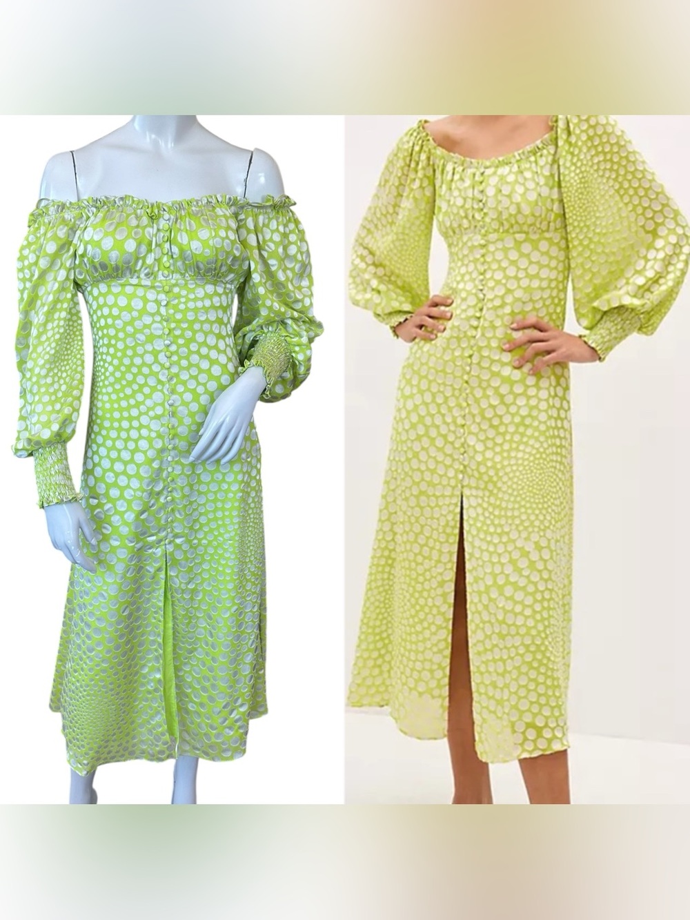 Anthropologie EXQUISE Lime Green Beige Polka Dot Meryl Button Down Midi Dress XS